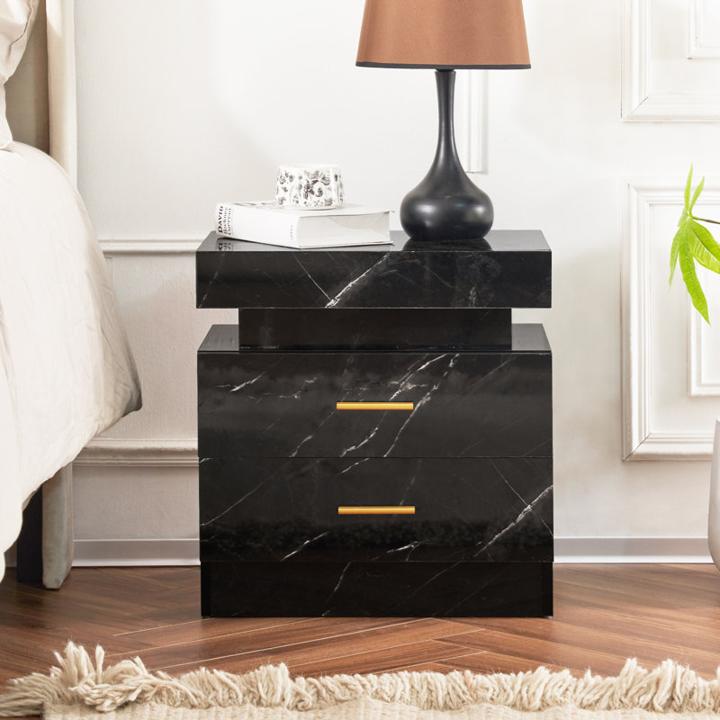 Brayden Studio® Black Glossy Marble Pattern Contemporary Nightstand ...